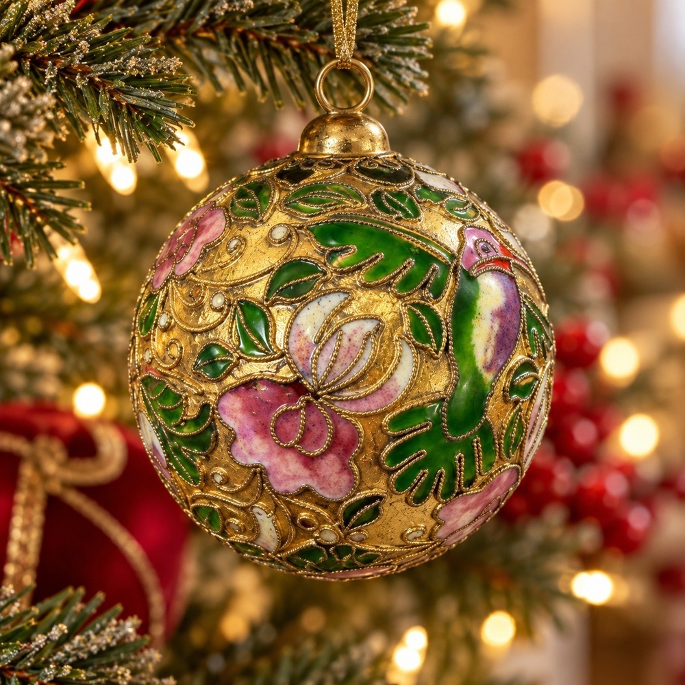 Vintage Cloisonne Enamel Hummingbird Hibiscus Floral Christmas Ornament Gold